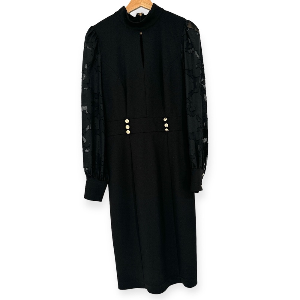 Karl Lagerfeld Womens Black Sheer Floral Sleeve Knee Length Classic Dress Size 6 - Picture 2 of 10